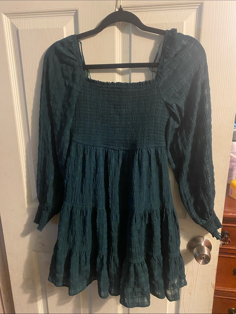 Smocked Square-Neck Long Sleeve Tiered Dress in Dark Teal
